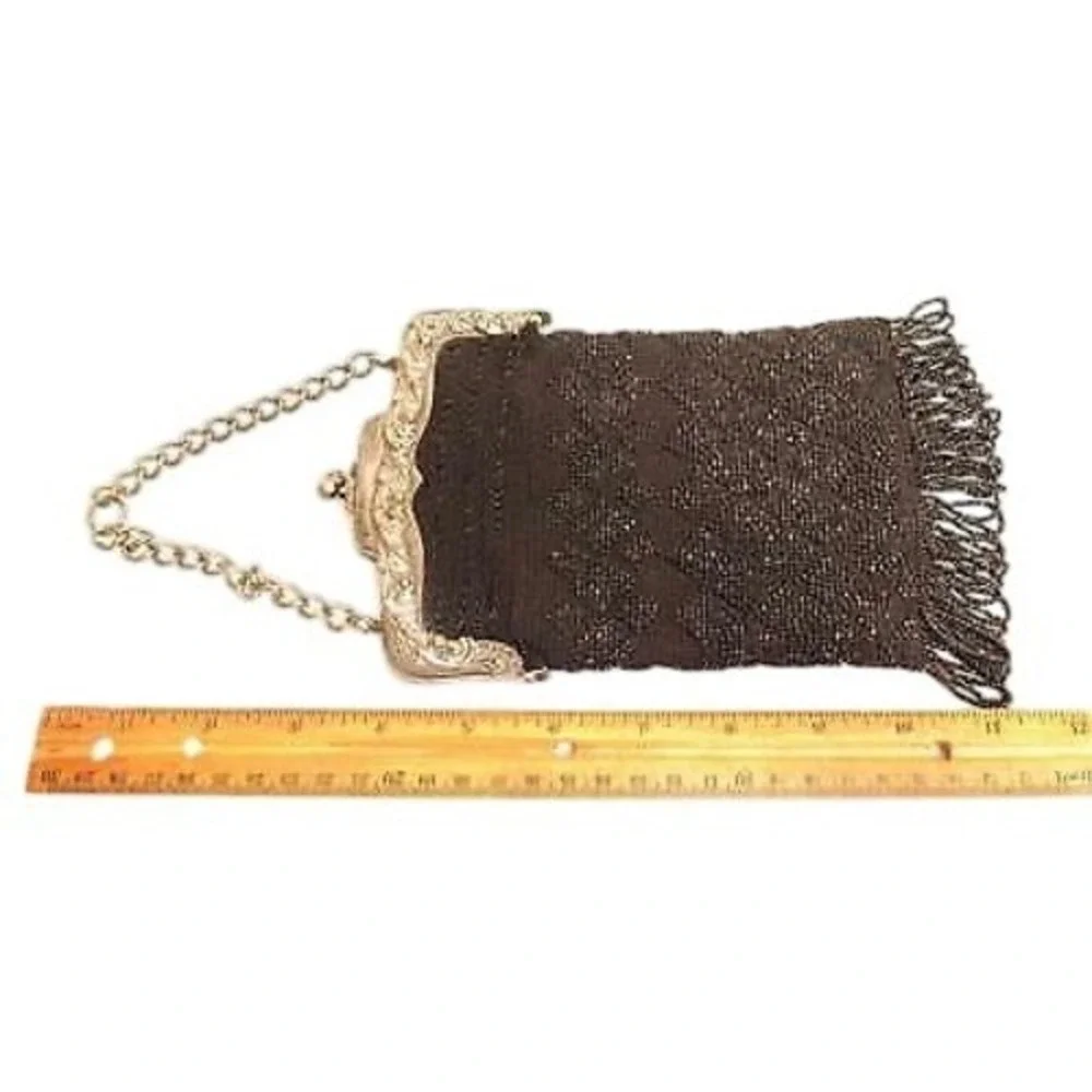 ANTIQUE ART NOUVEAU‎ FLORAL FRENCH STEEL? BLACK MICRO BEAD CHATELAINE PURSE